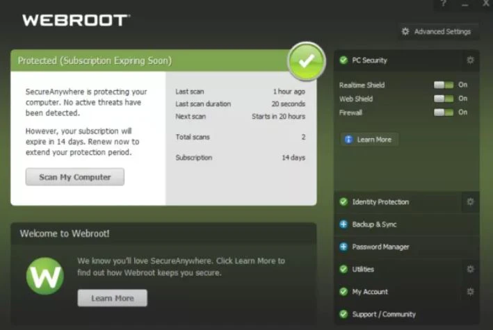 screenshot of Webroot SecureAnywhere